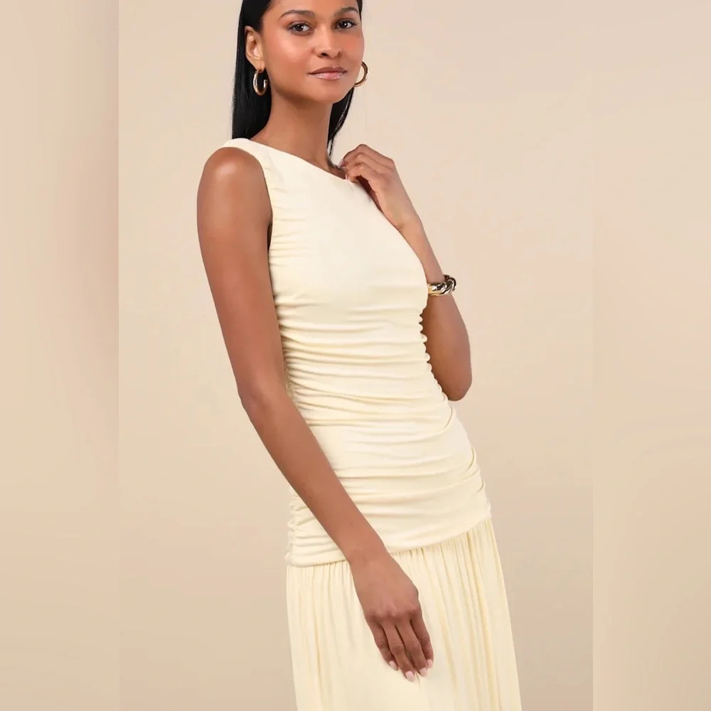 NWT Lulus - Light Yellow Drop Waist Dress SZ XS - Picture 3 of 7